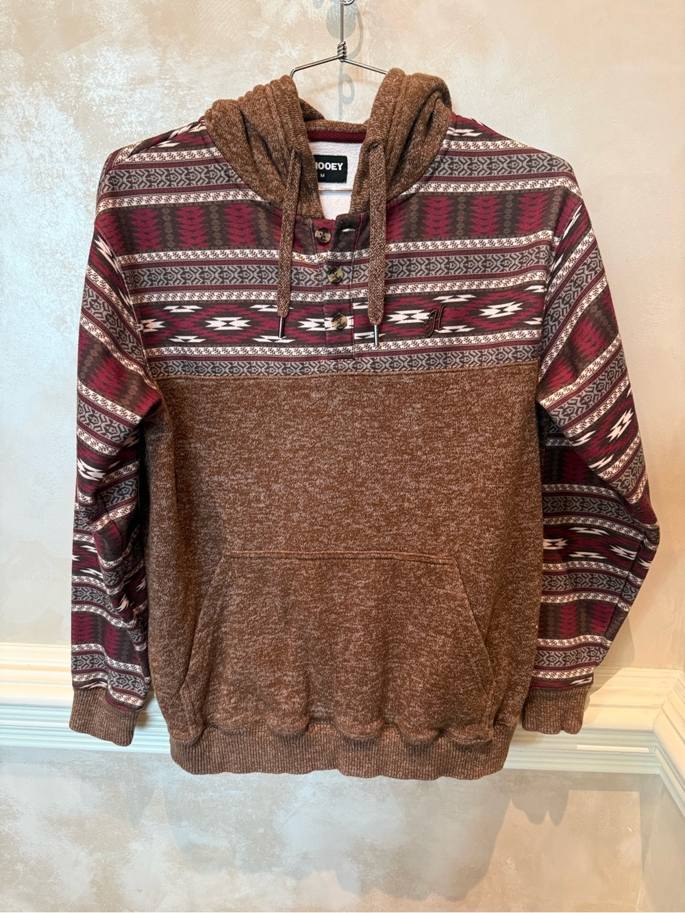 Hooey Brown and Maroon Aztec-Panel Pullover Hoodie